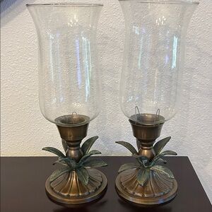 Vintage Lacquered Brass Pineapple Candle Huricane Lamps (set of 2)